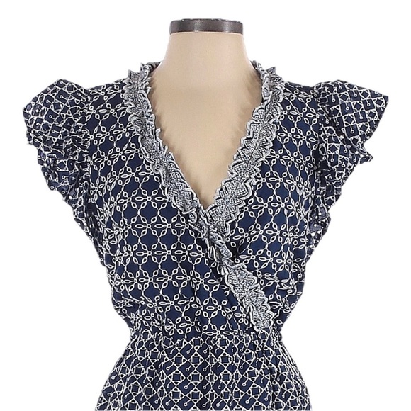 Express Printed Lace Trim Eyelet Navy Blue Belted Faux Wrap Dress Size S - Picture 3 of 11